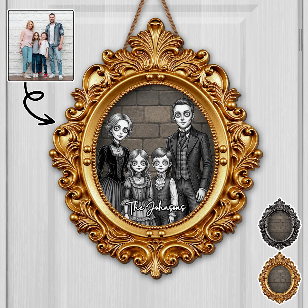 Our Family Gothic Spooky Portrait With Victorian Gold Frame - Personalized Custom Shaped Wood Sign - FAM1215_WSIGN