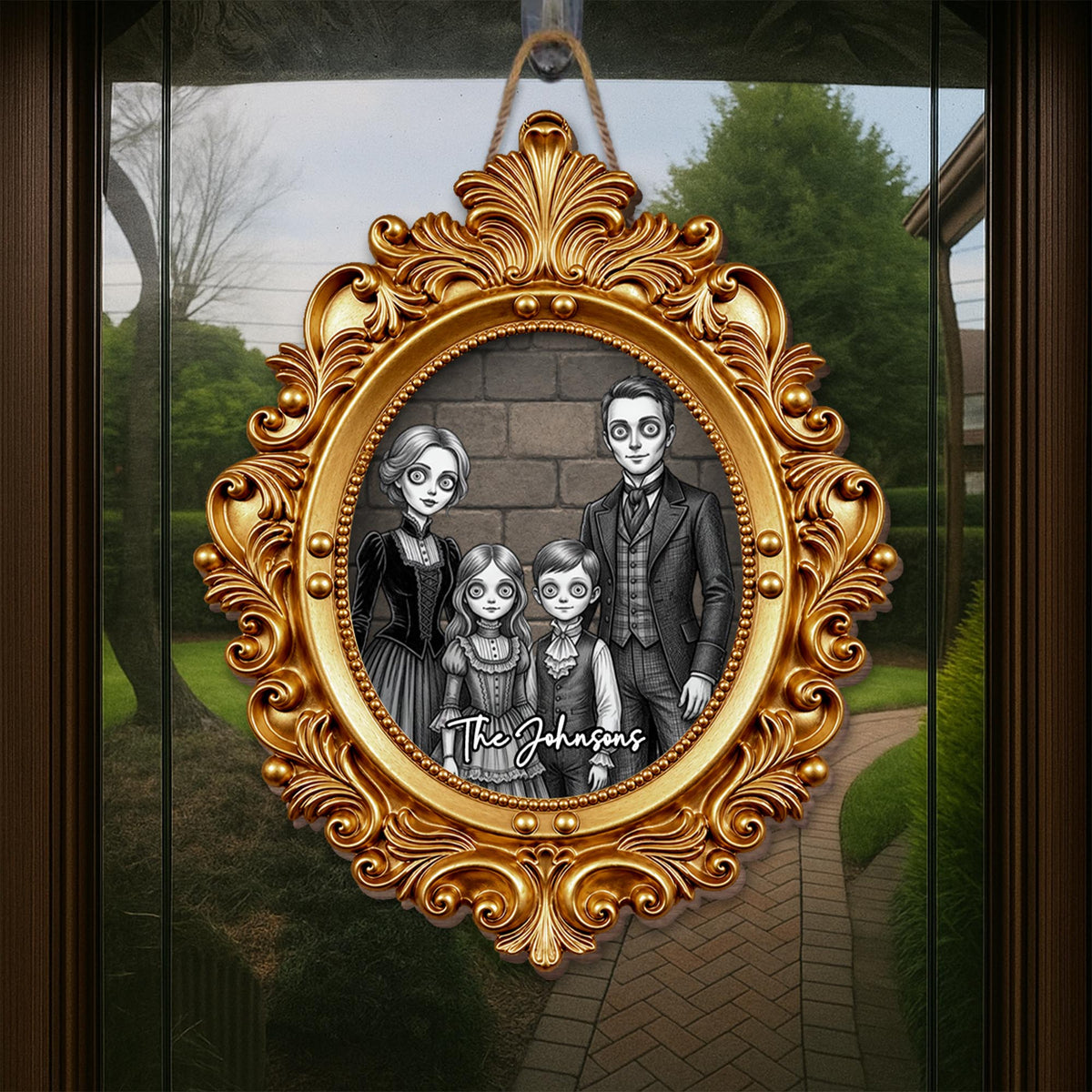 Our Family Gothic Spooky Portrait With Victorian Gold Frame - Personalized Custom Shaped Wood Sign - FAM1215_WSIGN