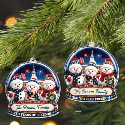 Our Family 250 Years Of Freedom Snowmen Patriotic Christmas Decor - Personalized Custom Acrylic Ornament, Christmas Gift - FAM1243_ACO