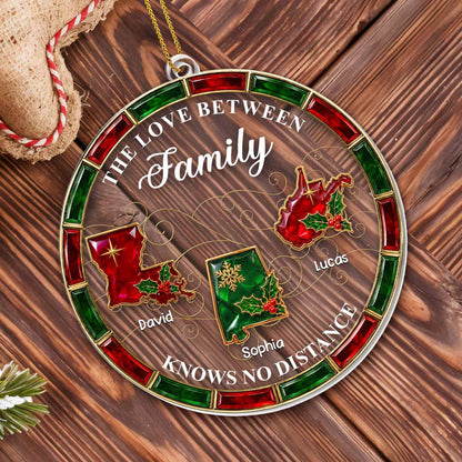 The Love Between Family Knows No Distance State Map Holly Berries - Personalized Custom Acrylic Ornament, Christmas Gift - FAM1253_ACO