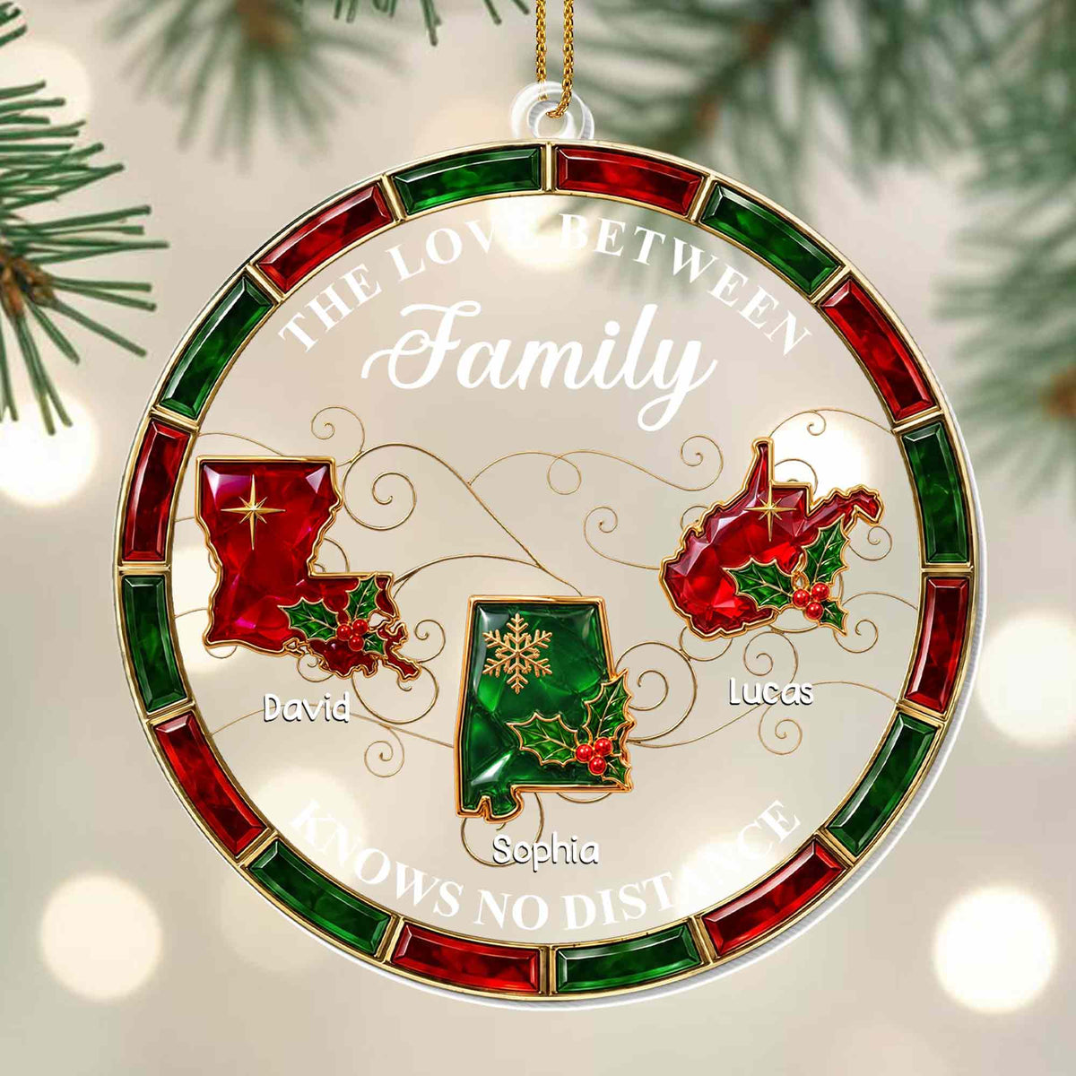 The Love Between Family Knows No Distance State Map Holly Berries - Personalized Custom Acrylic Ornament, Christmas Gift - FAM1253_ACO