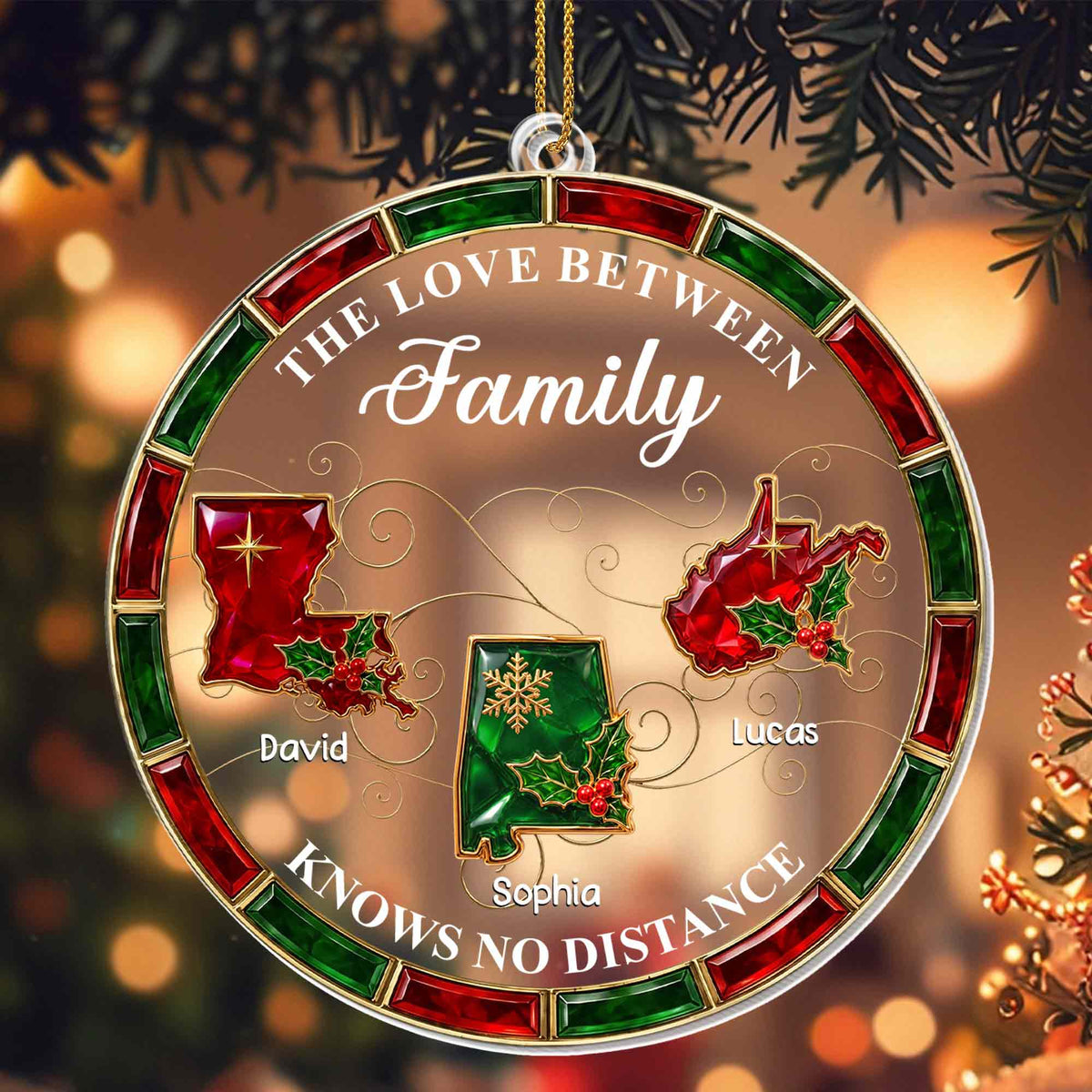 The Love Between Family Knows No Distance State Map Holly Berries - Personalized Custom Acrylic Ornament, Christmas Gift - FAM1253_ACO