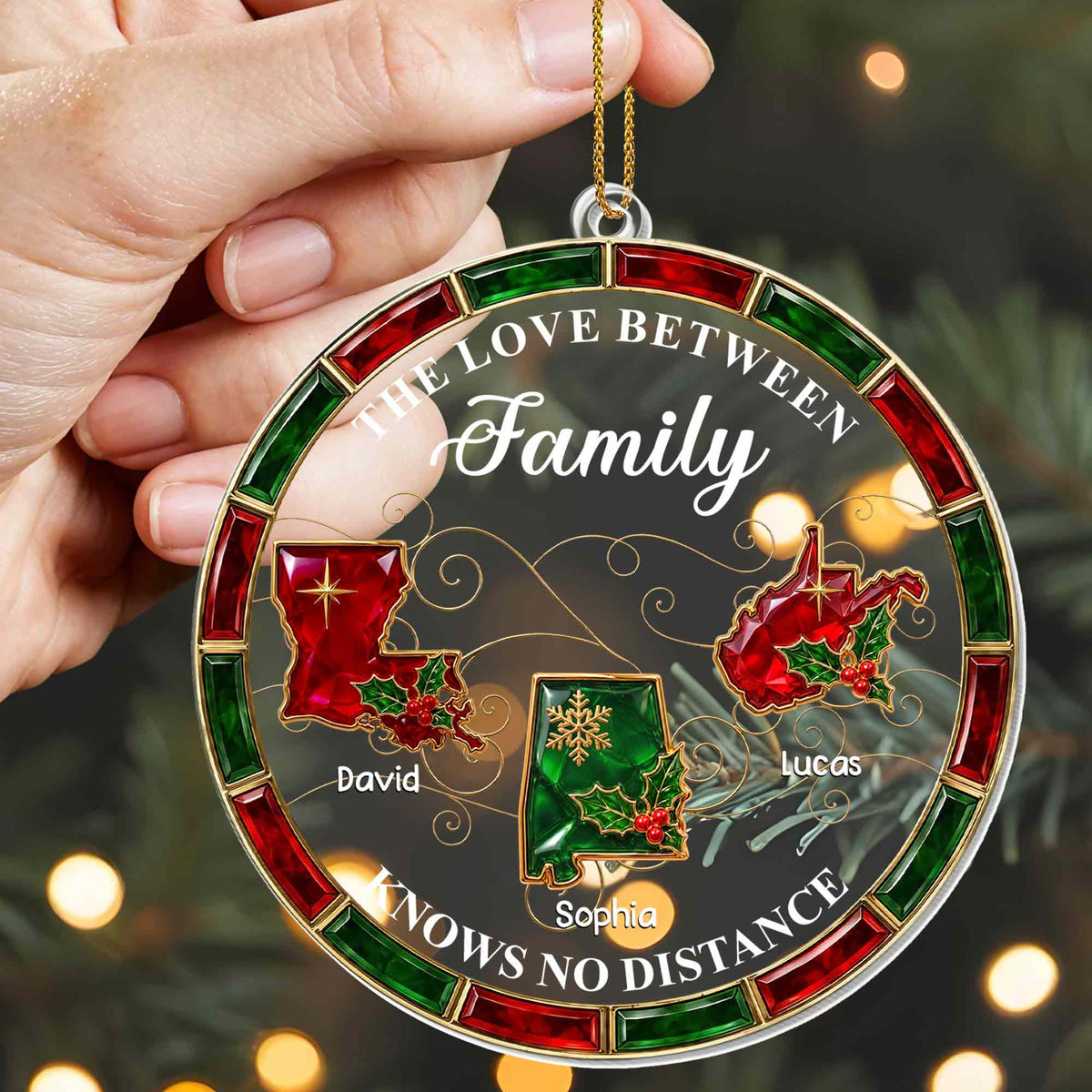 The Love Between Family Knows No Distance State Map Holly Berries - Personalized Custom Acrylic Ornament, Christmas Gift - FAM1253_ACO