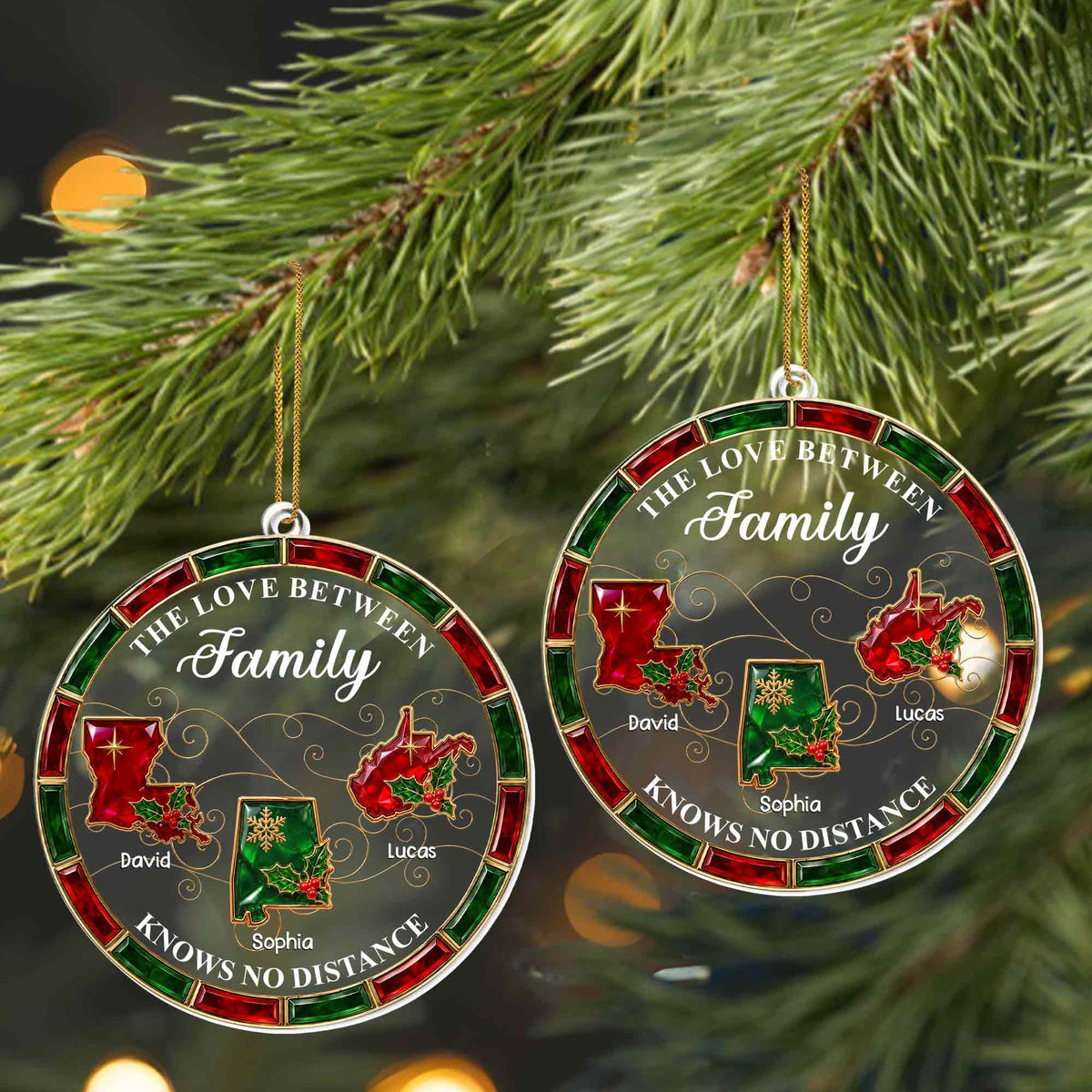 The Love Between Family Knows No Distance State Map Holly Berries - Personalized Custom Acrylic Ornament, Christmas Gift - FAM1253_ACO