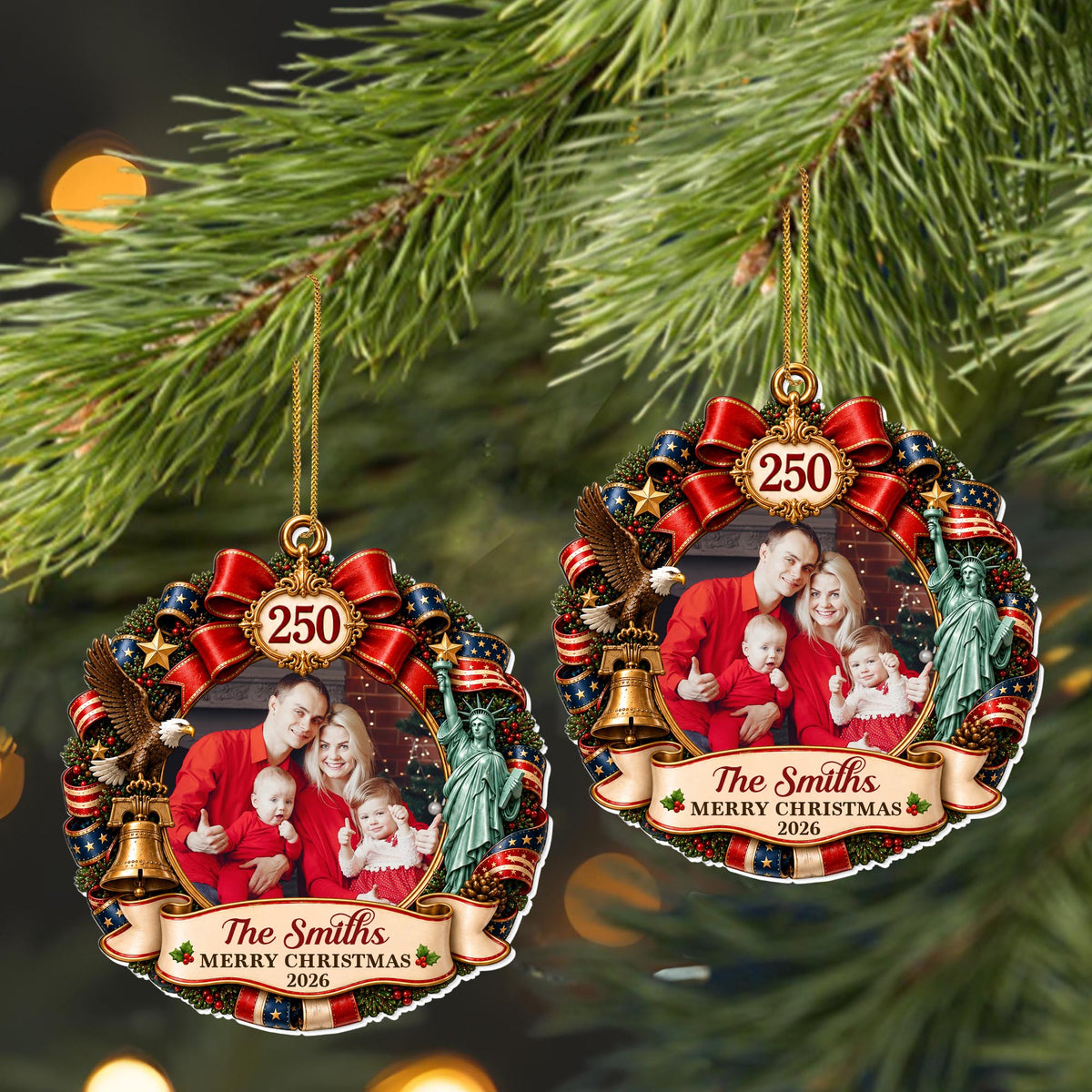 Merry Christmas Patriotic Wreath With Statue Of Liberty And Eagle - Personalized Custom Acrylic Ornament, Christmas Gift - FAM1266_ACO