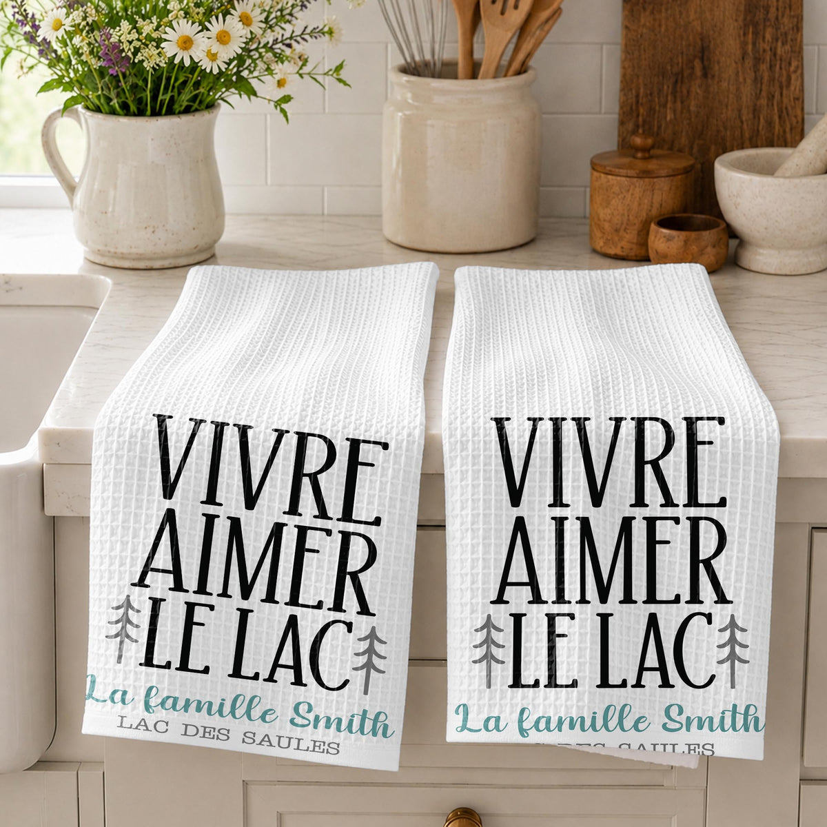 Vivre Aimer Le Lac Pine Trees Custom Family Name Lake Life - Personalized Kitchen Towel - FAM1407_TOWL