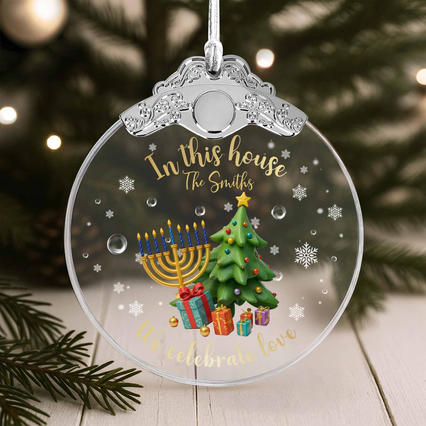 In This House We Celebrate Love With Christmas Tree And Menorah