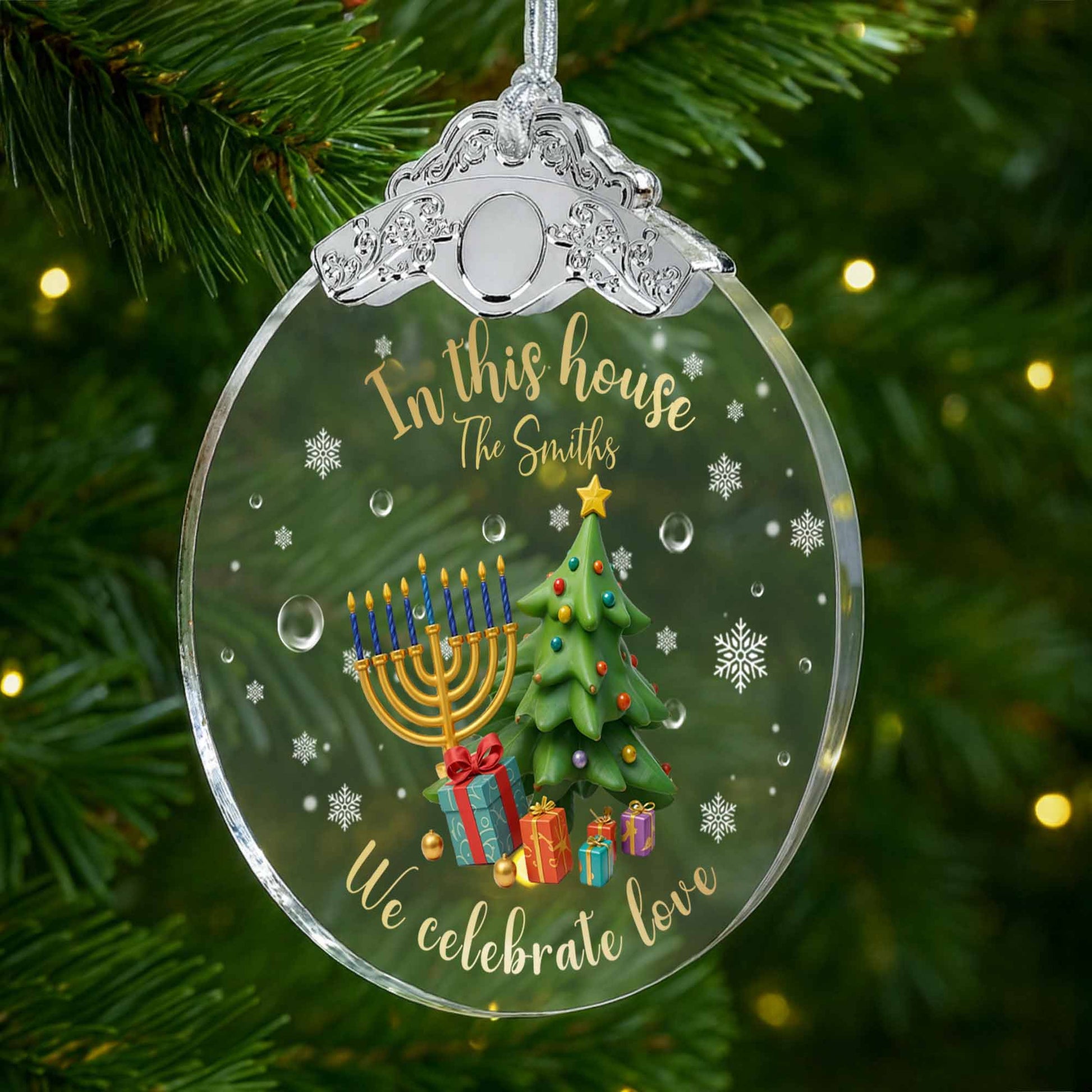 In This House We Celebrate Love With Christmas Tree And Menorah