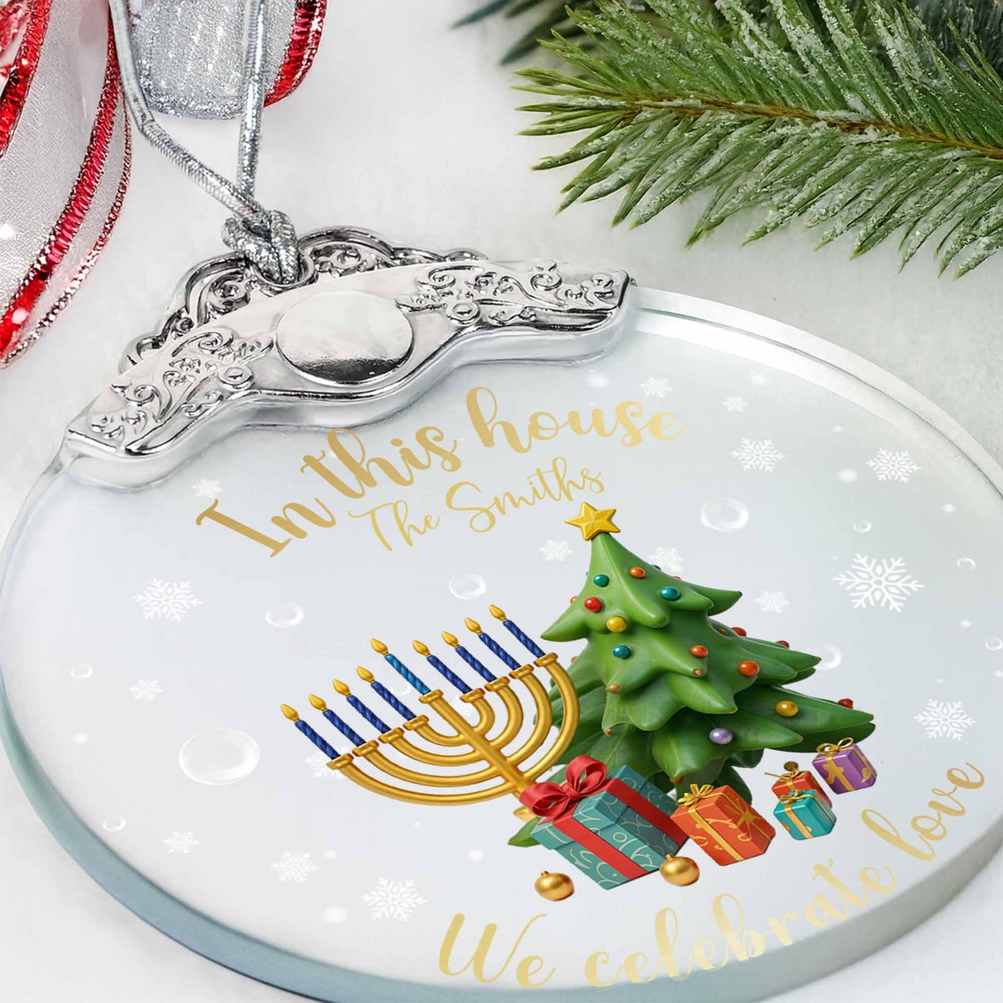 In This House We Celebrate Love With Christmas Tree And Menorah