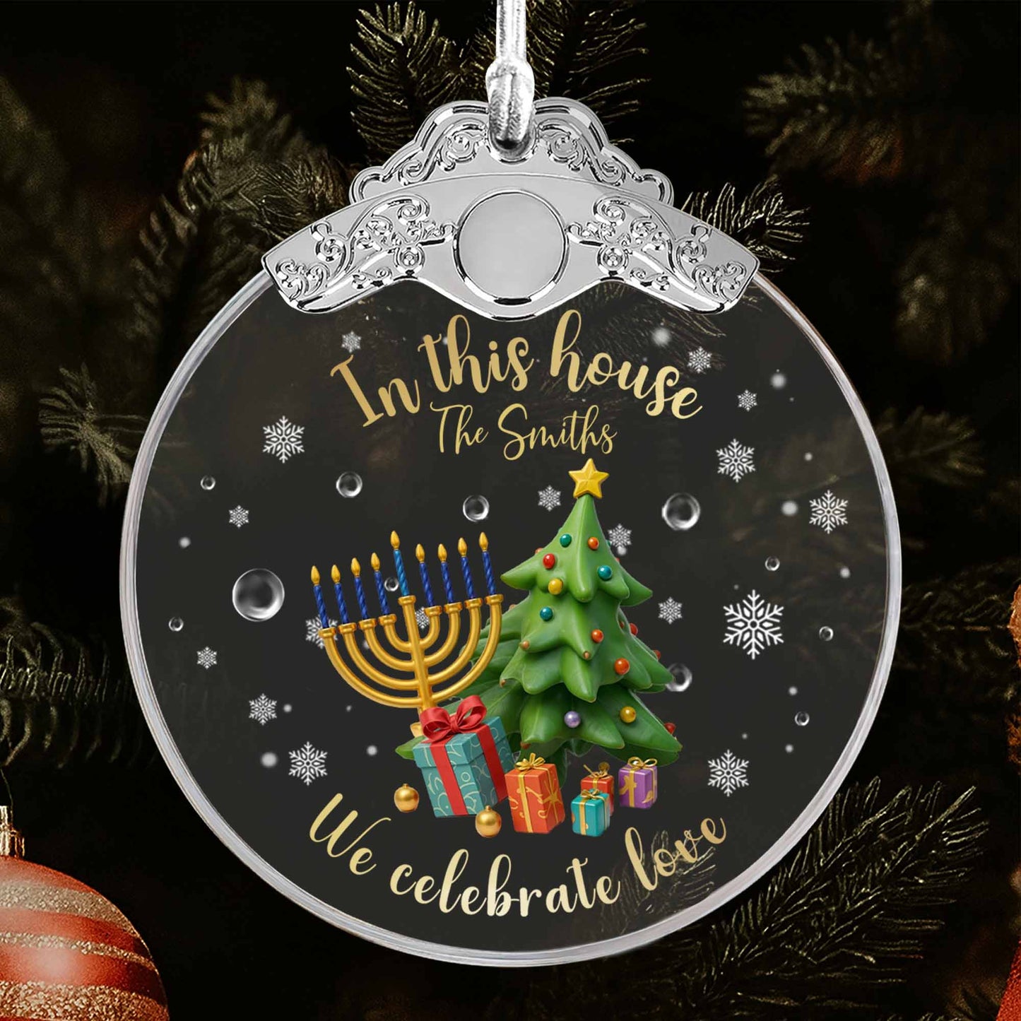 In This House We Celebrate Love With Christmas Tree And Menorah