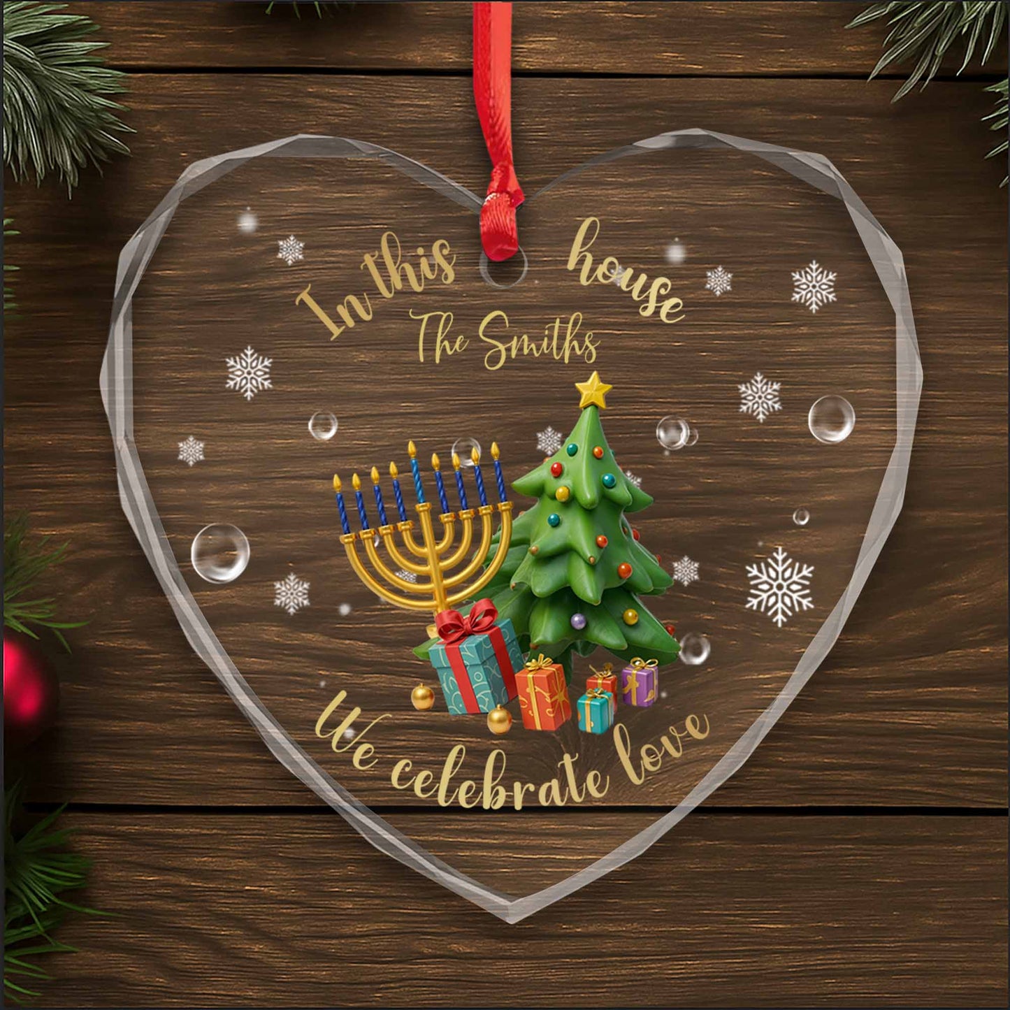 In This House We Celebrate Love With Christmas Tree And Menorah