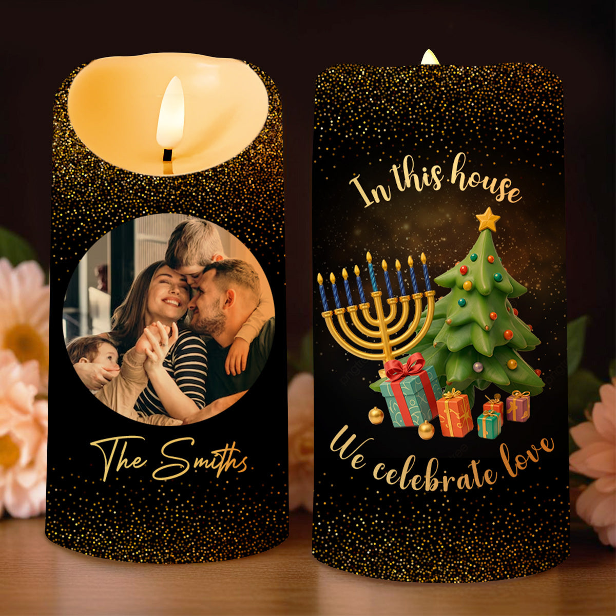 In This House We Celebrate Love With Menorah And Christmas Tree