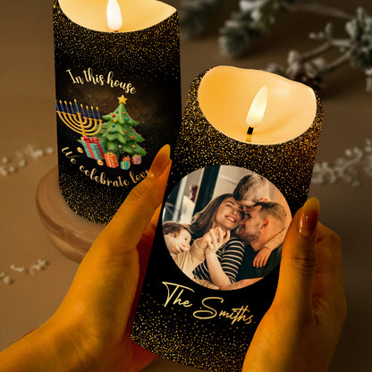 In This House We Celebrate Love With Menorah And Christmas Tree