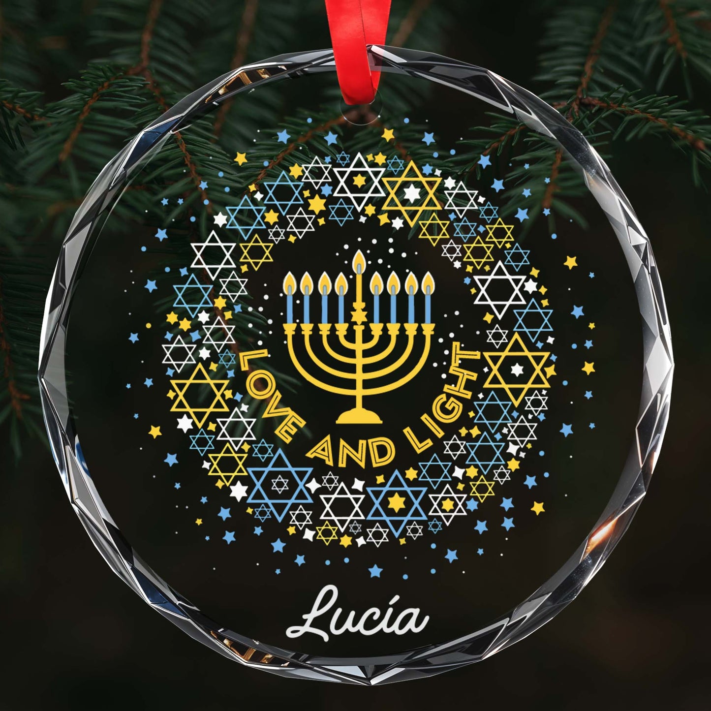 Love And Light Menorah And Stars Glass Ornament