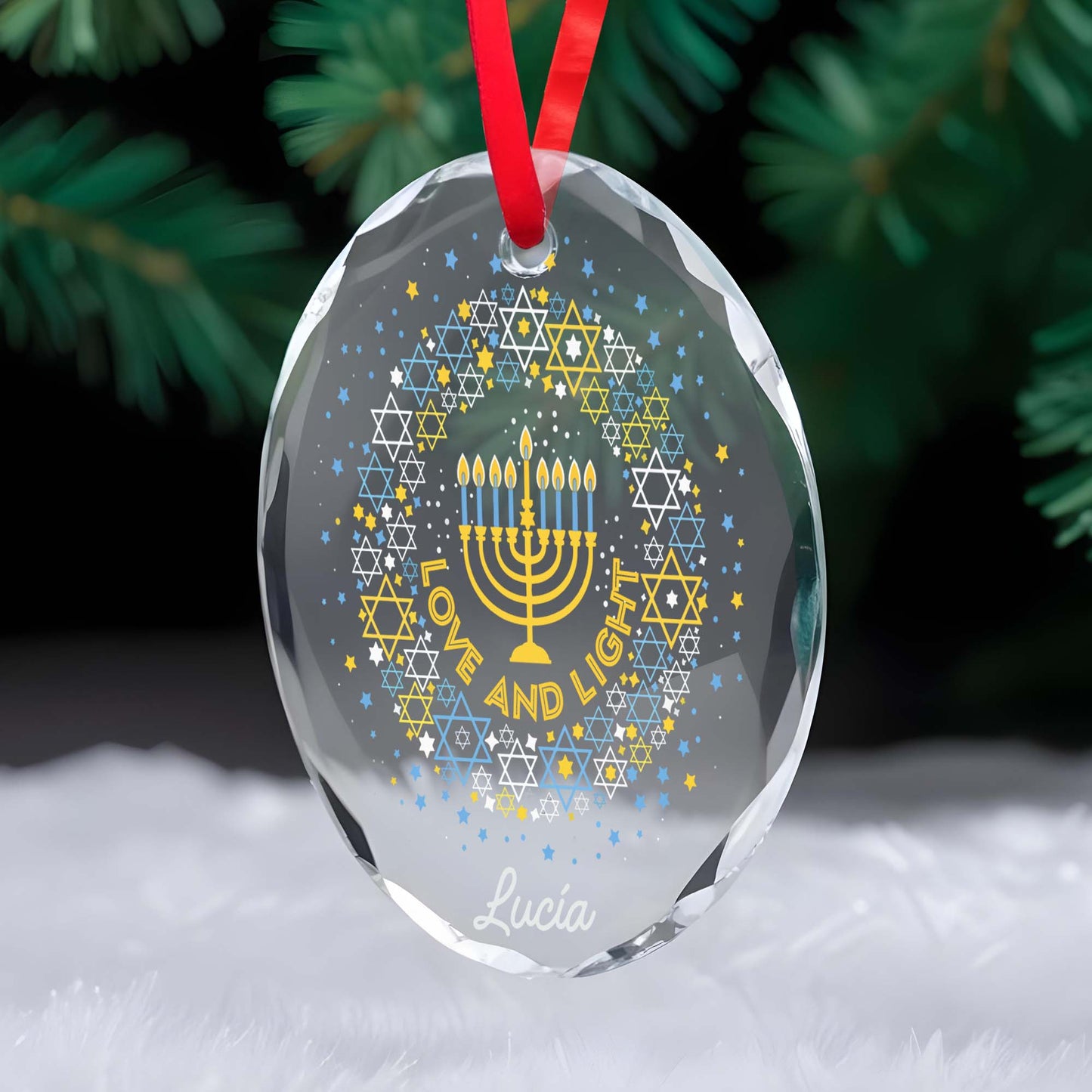Love And Light Menorah And Stars Glass Ornament