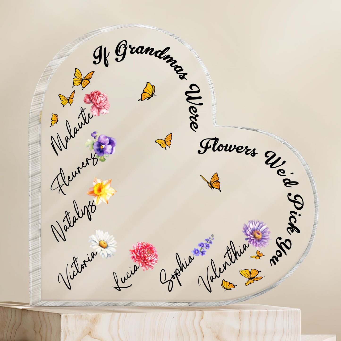 If Grandmas Were Flowers We'd Pick, Flowers and Butterflies - Personalized Heart Shaped Acrylic Plaque - FAM316_HAP