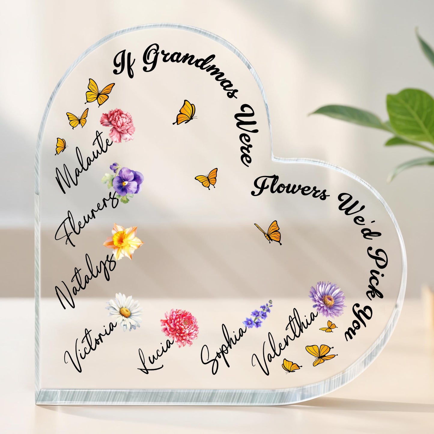 If Grandmas Were Flowers We'd Pick, Flowers and Butterflies - Personalized Heart Shaped Acrylic Plaque - FAM316_HAP