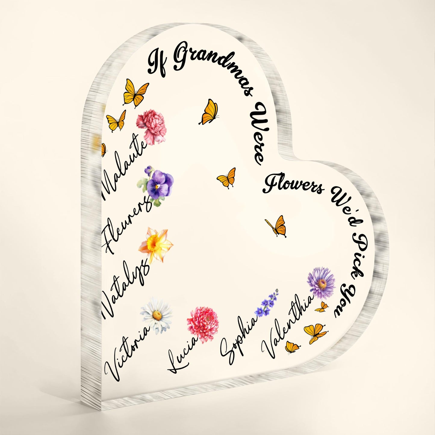 If Grandmas Were Flowers We'd Pick, Flowers and Butterflies - Personalized Heart Shaped Acrylic Plaque - FAM316_HAP