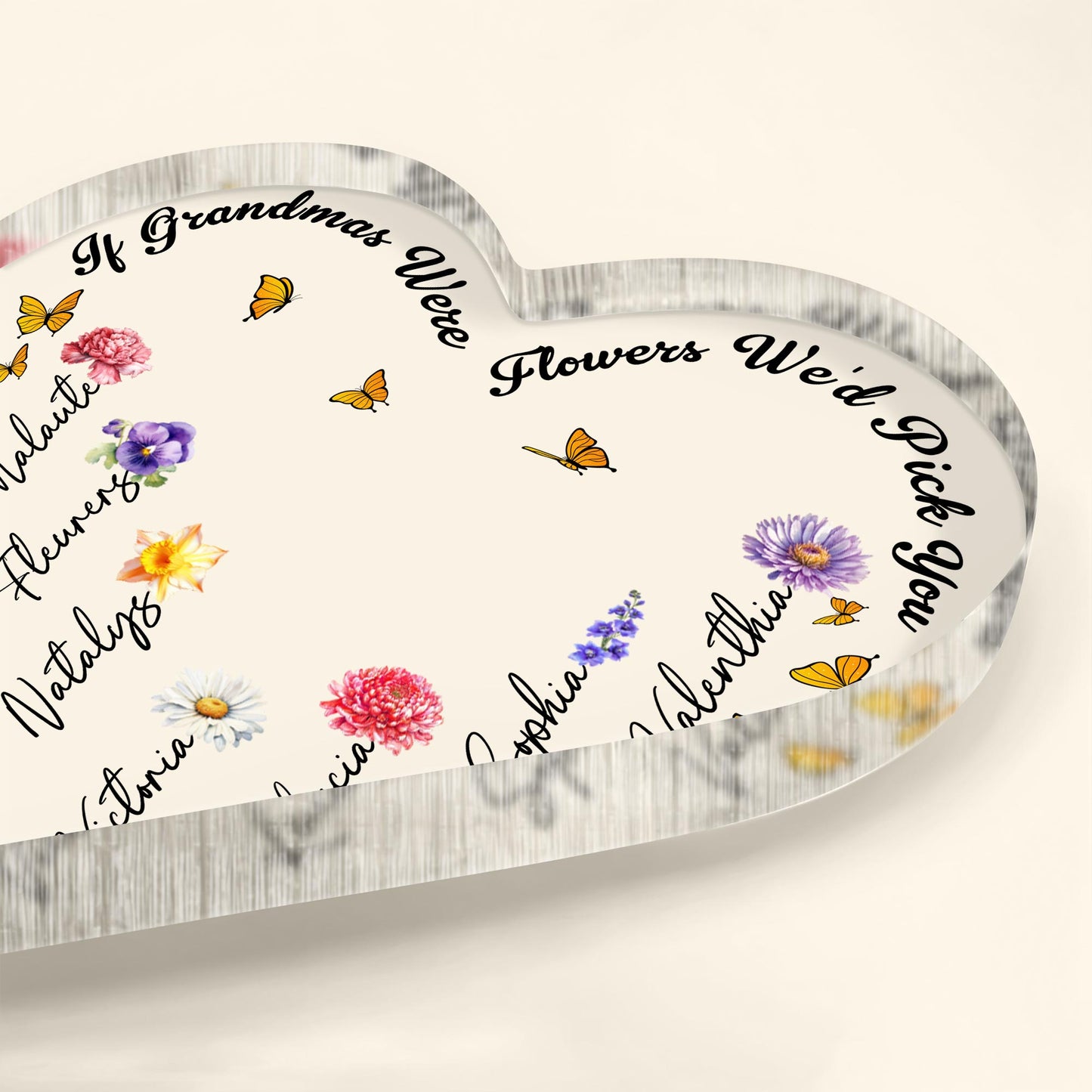 If Grandmas Were Flowers We'd Pick, Flowers and Butterflies - Personalized Heart Shaped Acrylic Plaque - FAM316_HAP