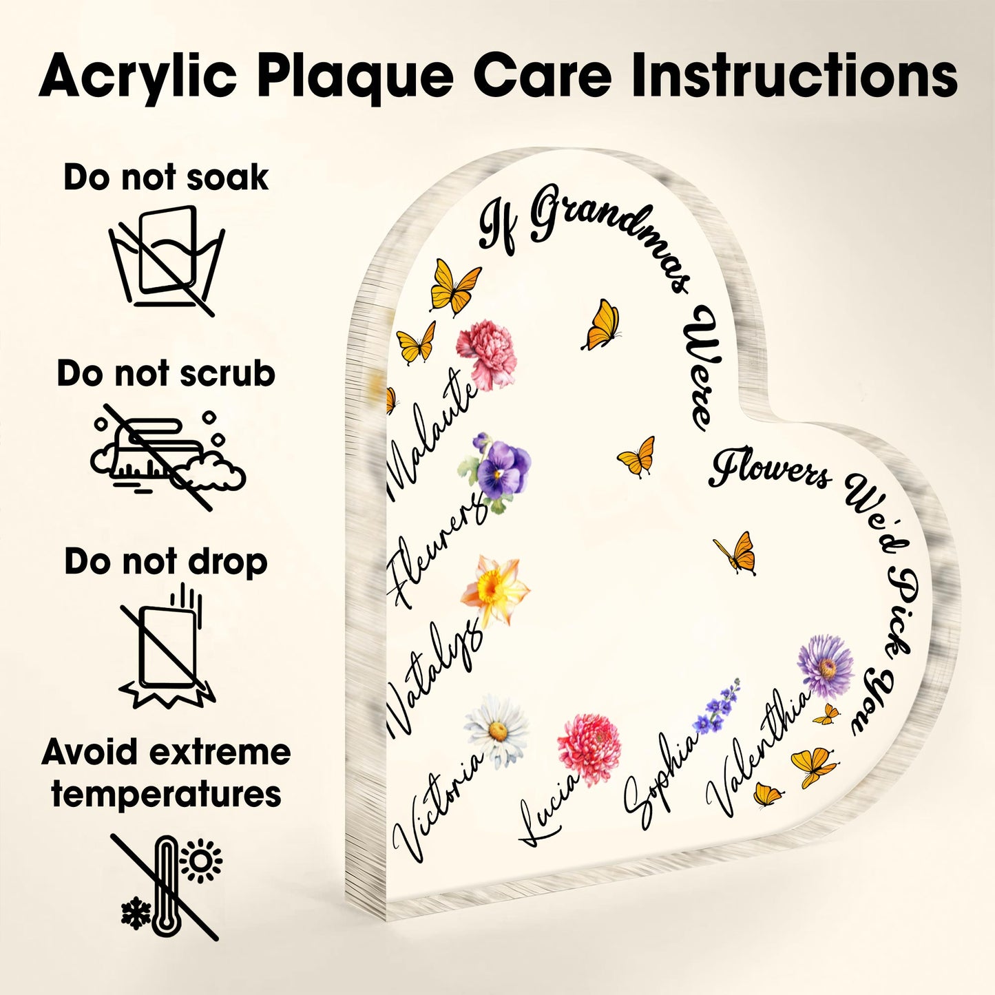 If Grandmas Were Flowers We'd Pick, Flowers and Butterflies - Personalized Heart Shaped Acrylic Plaque - FAM316_HAP