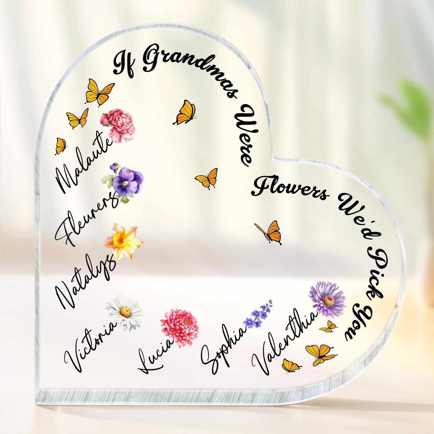 If Grandmas Were Flowers We'd Pick, Flowers and Butterflies - Personalized Heart Shaped Acrylic Plaque - FAM316_HAP