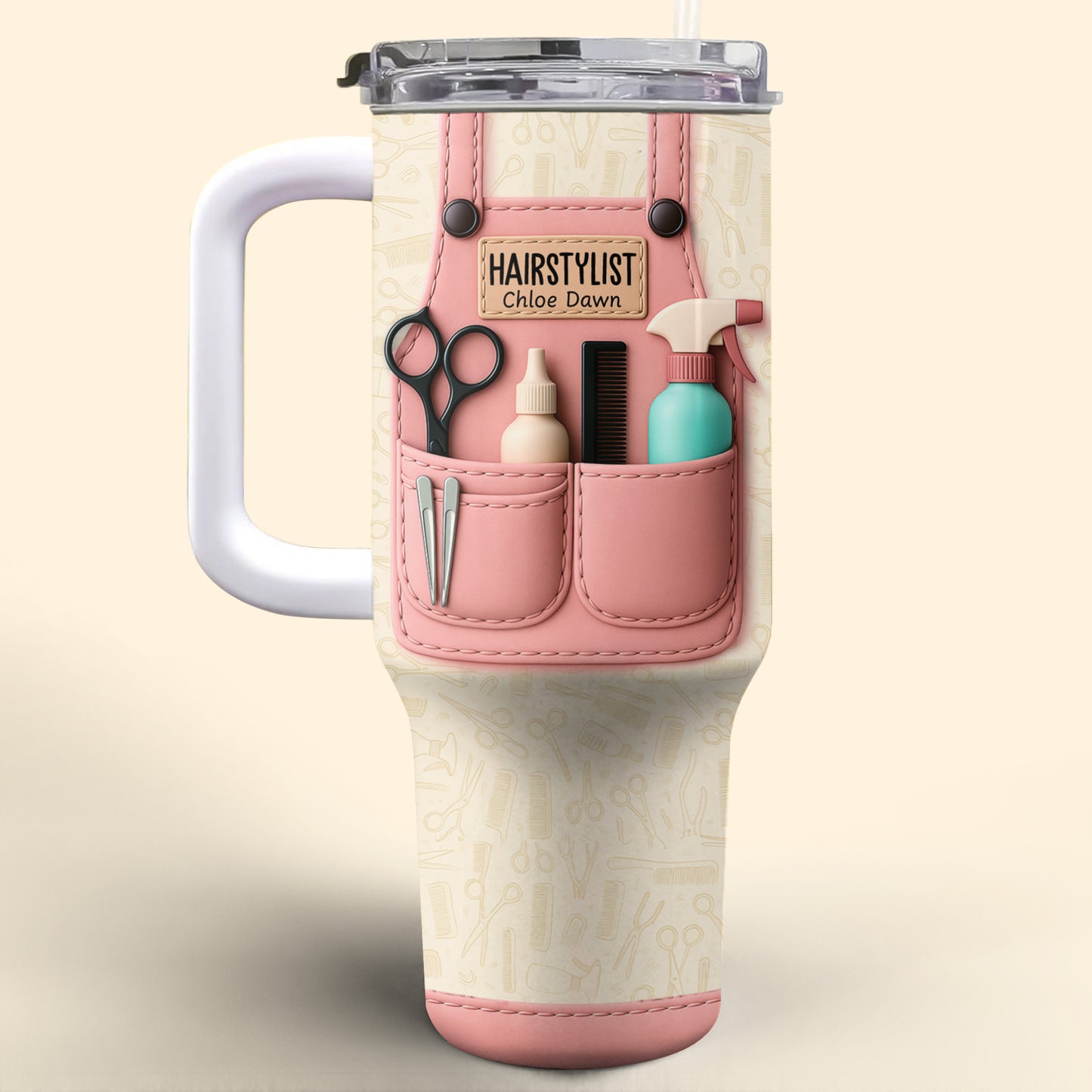 Hairstylist Tumbler With Scissors, Hair Dryer, Comb