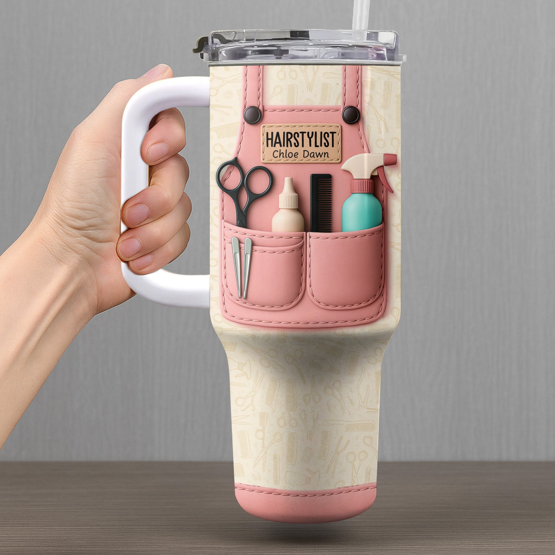 Hairstylist Tumbler With Scissors, Hair Dryer, Comb