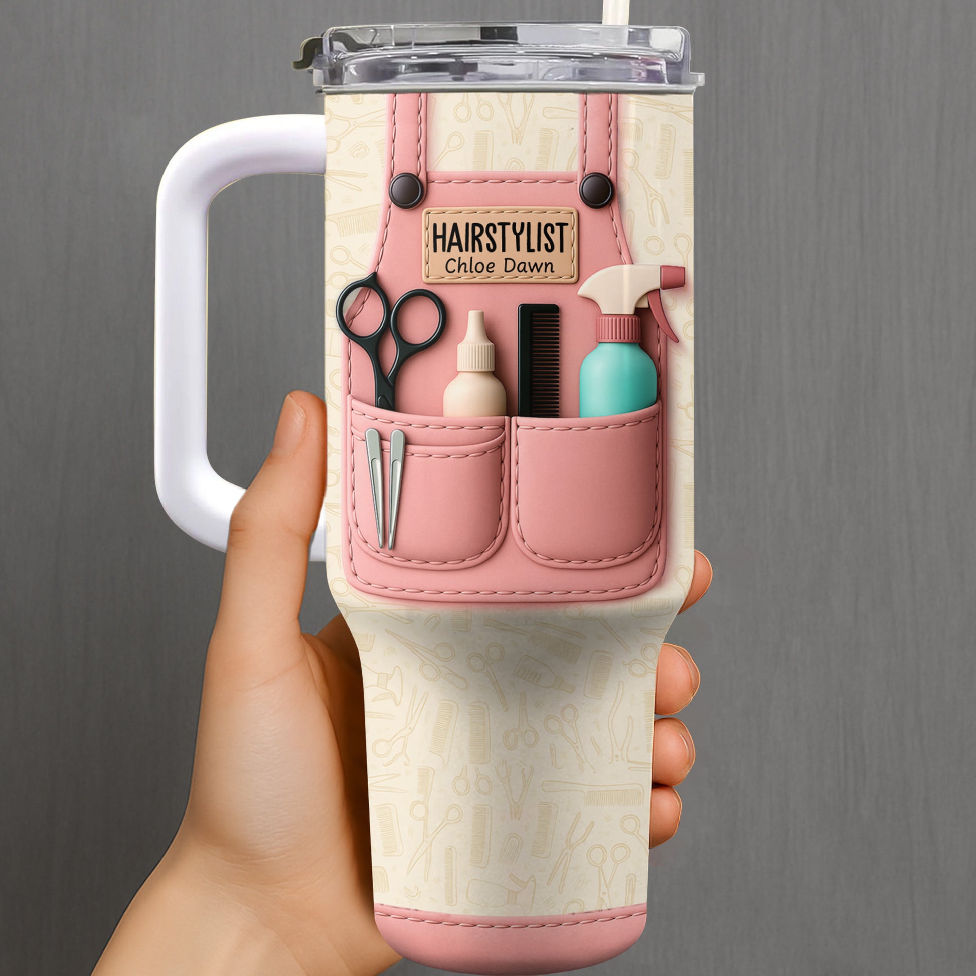 Hairstylist Tumbler With Scissors, Hair Dryer, Comb