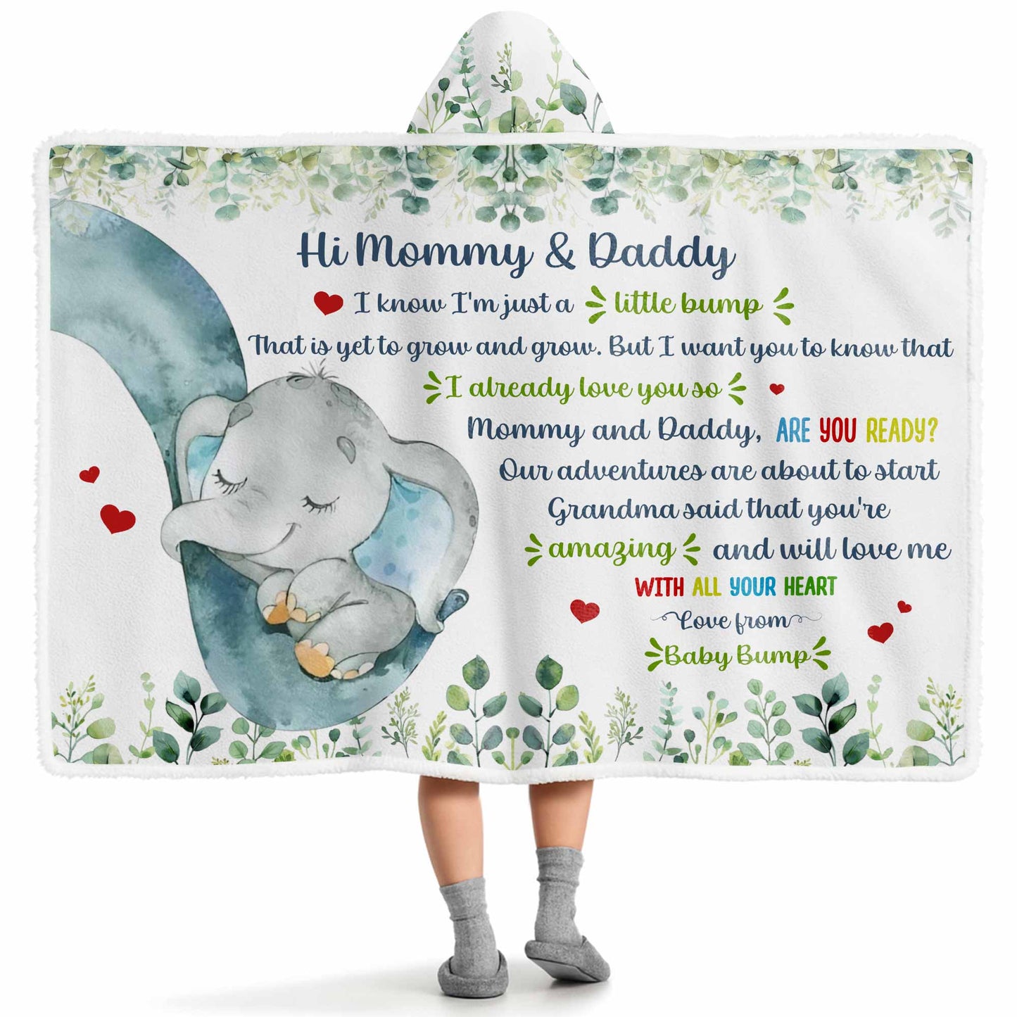 Hi Mommy & Daddy, Little Elephant With Hearts And Leaves