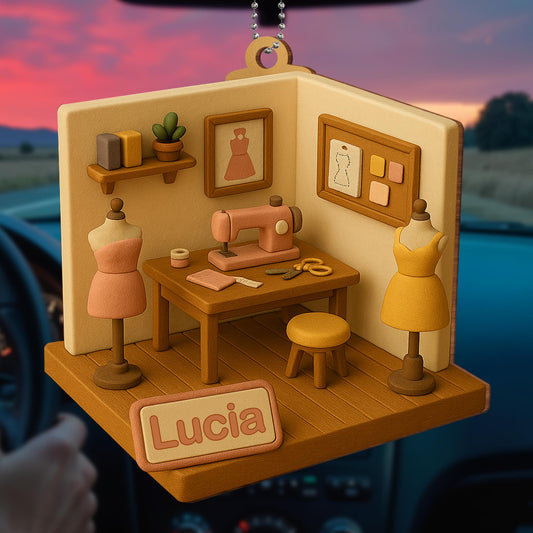 Crafted Wood Ornament Featuring Sewing Machine and Mannequins