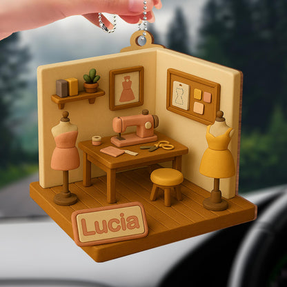 Crafted Wood Ornament Featuring Sewing Machine and Mannequins