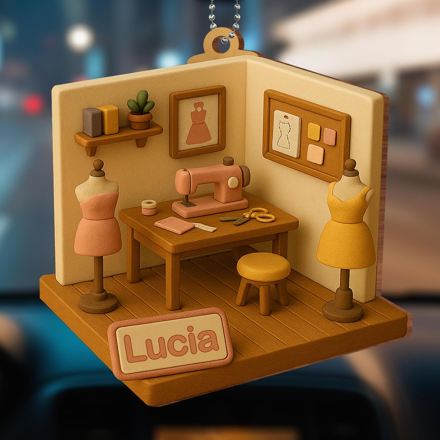 Crafted Wood Ornament Featuring Sewing Machine and Mannequins