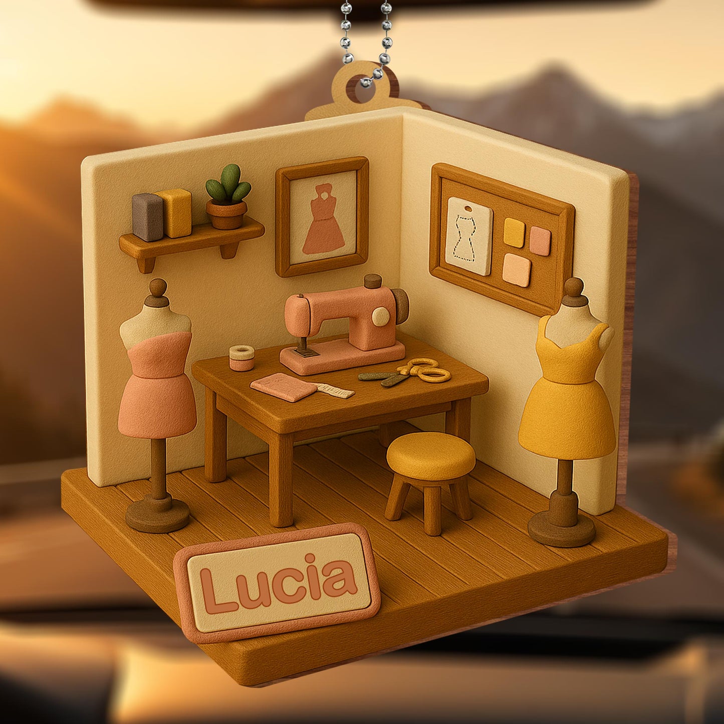 Crafted Wood Ornament Featuring Sewing Machine and Mannequins