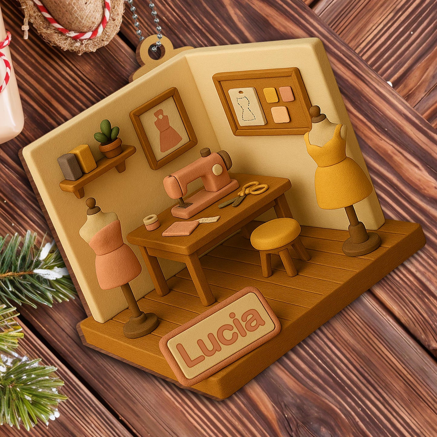 Crafted Wood Ornament Featuring Sewing Machine and Mannequins