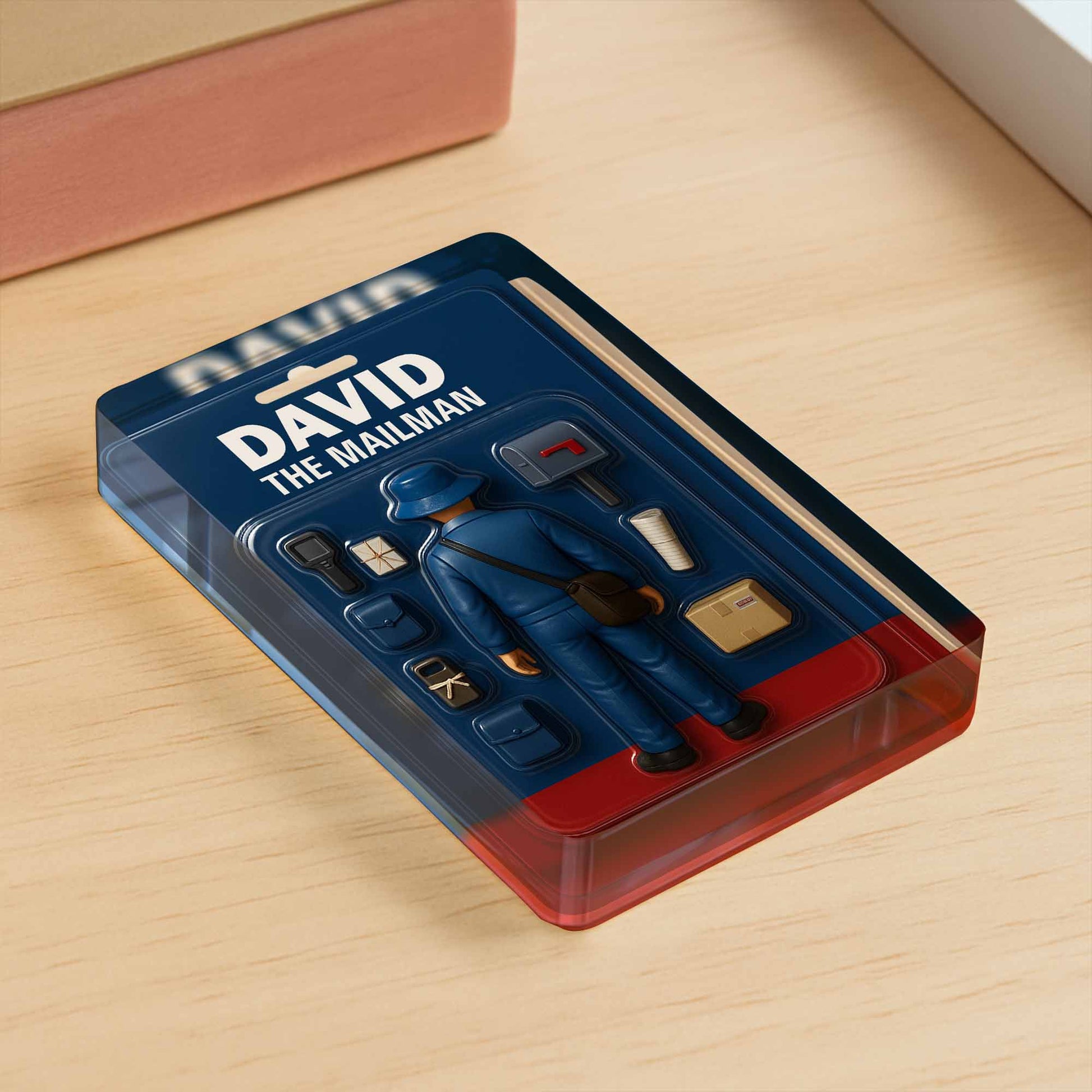 David The Mailman, Custom Acrylic Plaque Featuring a Mailman, Mailbox, Letters, and Parcels