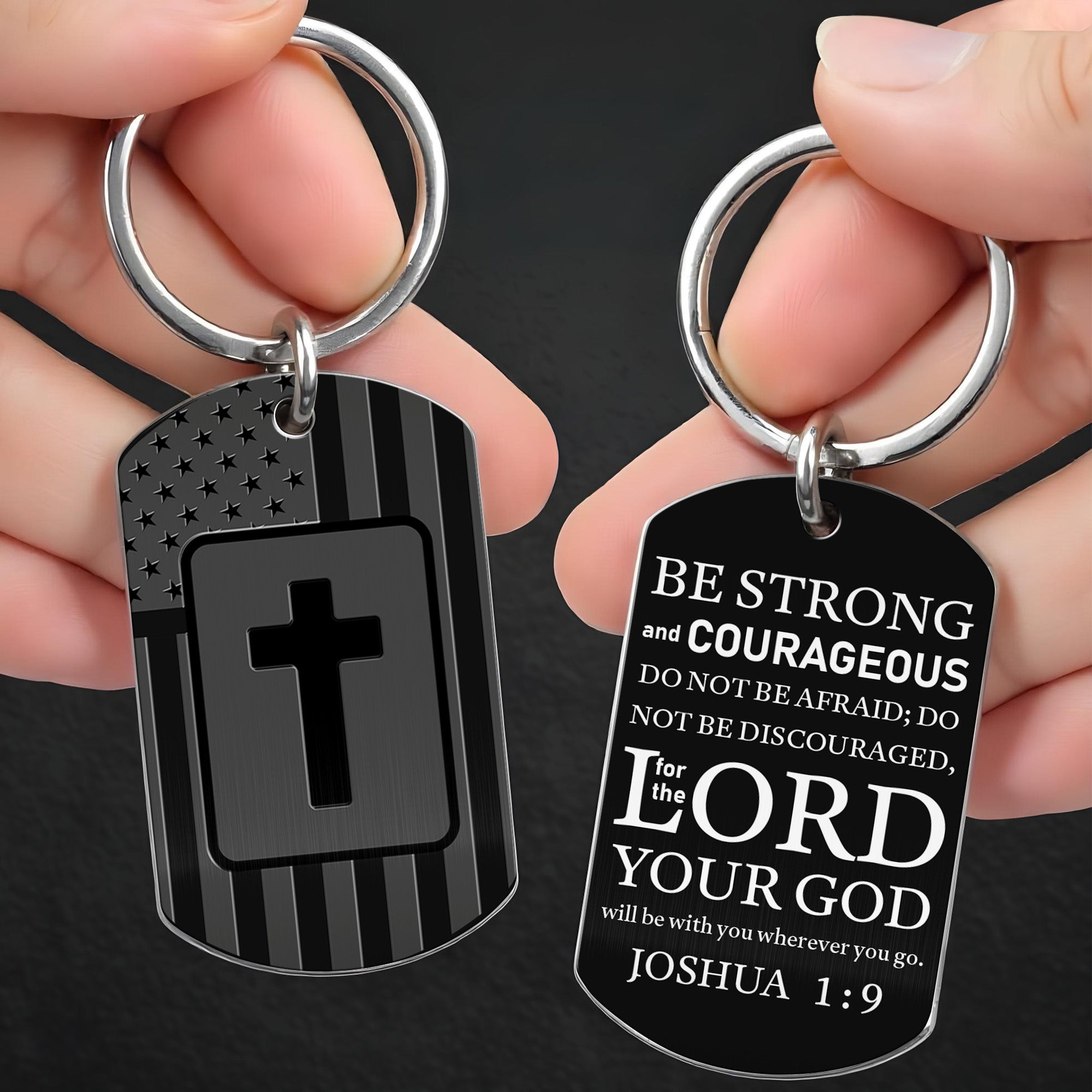 Strong Key Chain Be Strong and Courageous, Cross and American Flag Keychain ...