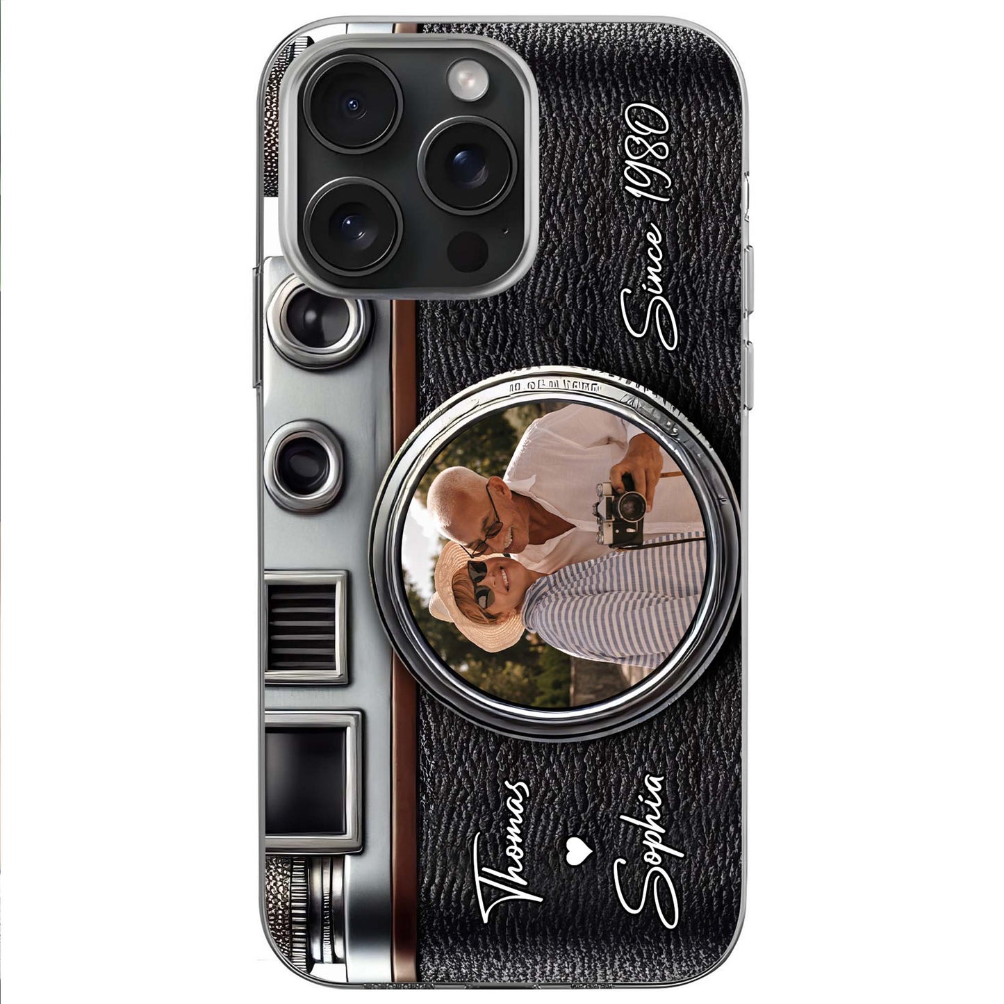 Vintage Camera Design With Customizable Names And Heart Icon