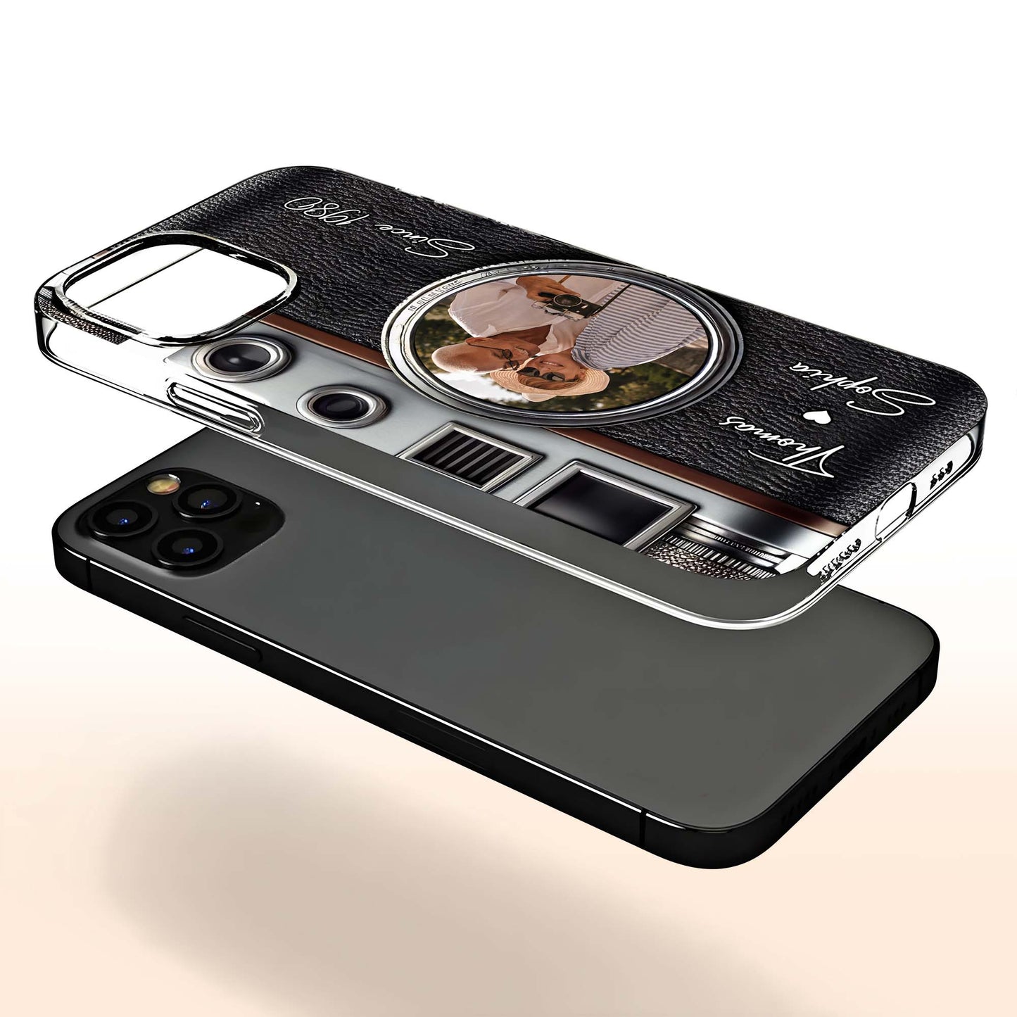 Vintage Camera Design With Customizable Names And Heart Icon