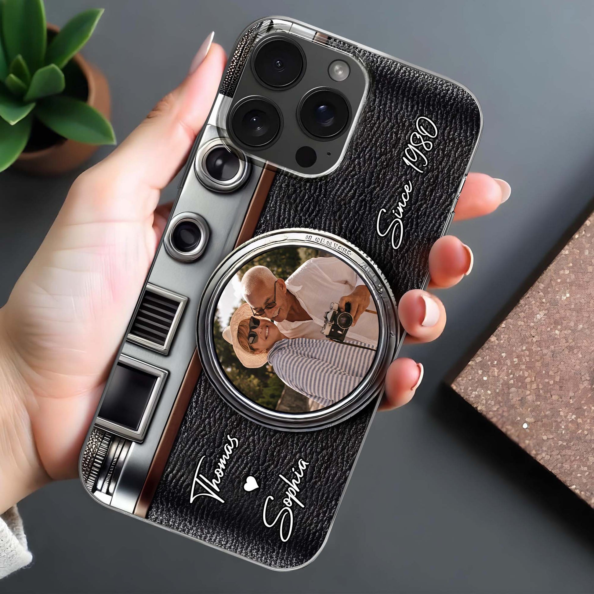 Vintage Camera Design With Customizable Names And Heart Icon