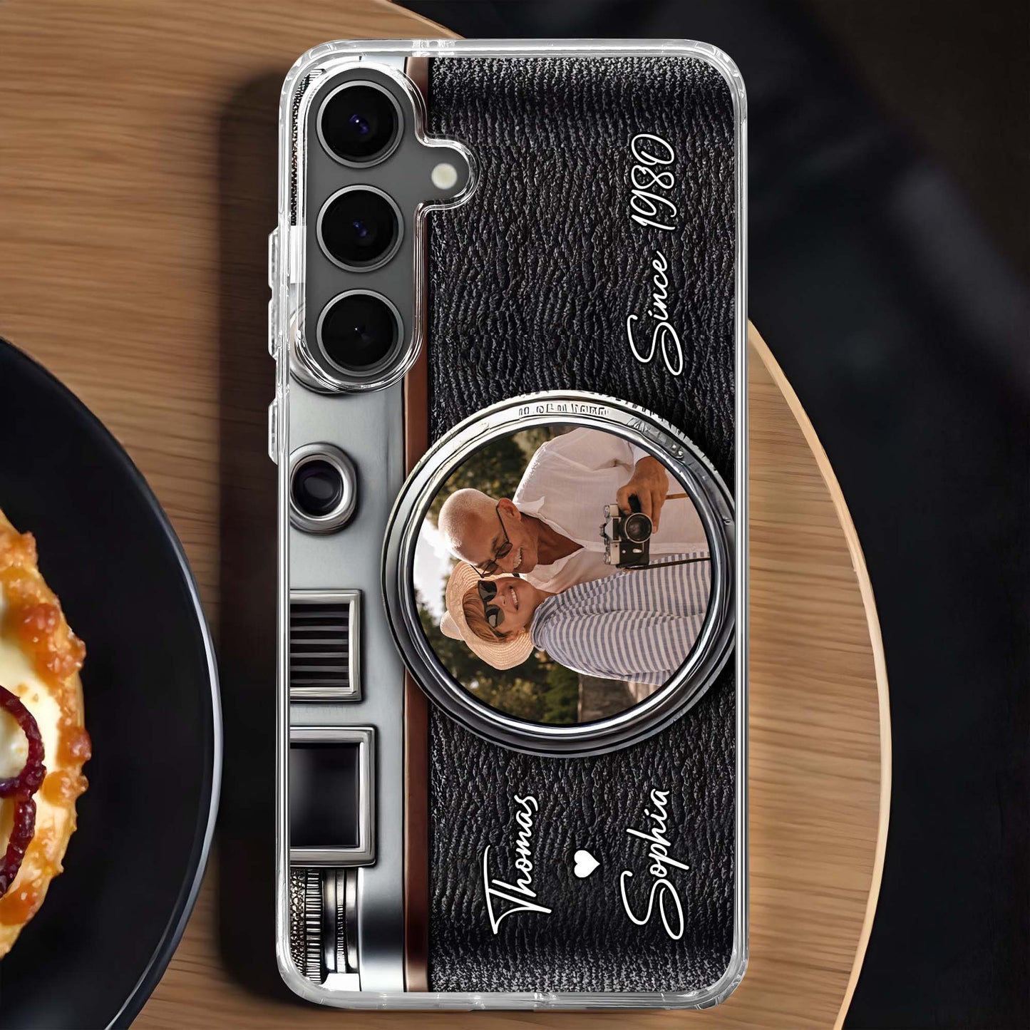 Vintage Camera Design With Customizable Names And Heart Icon