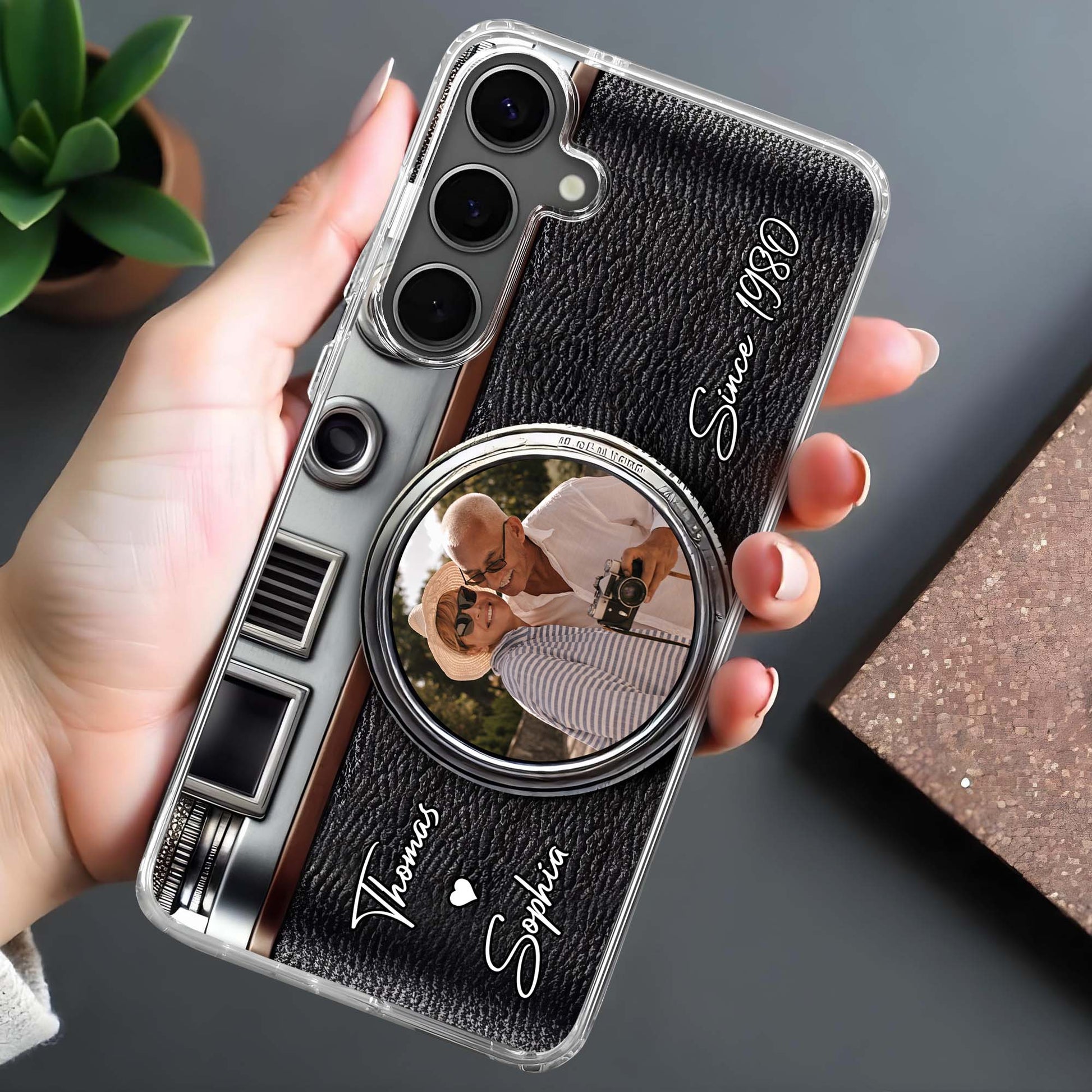 Vintage Camera Design With Customizable Names And Heart Icon