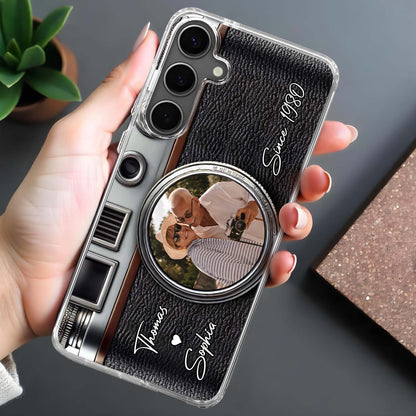 Vintage Camera Design With Customizable Names And Heart Icon