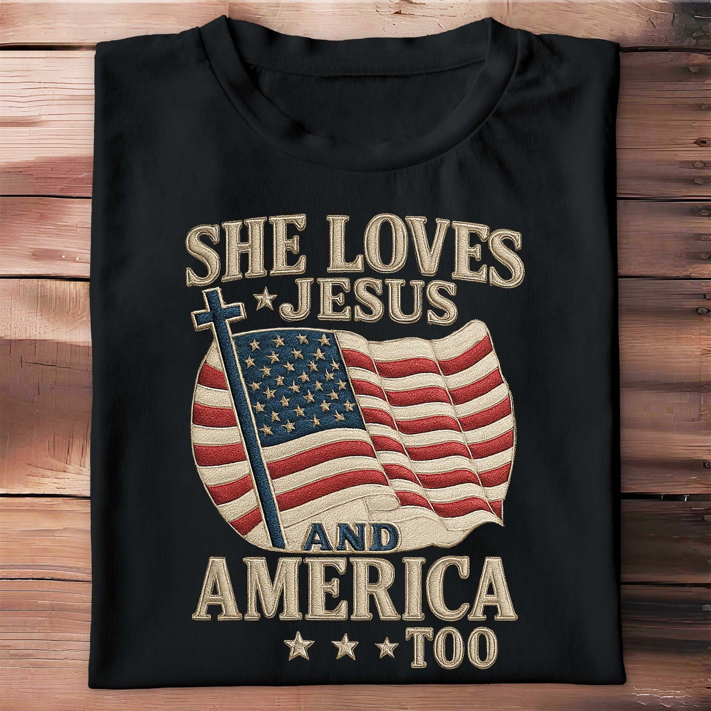 She Loves Jesus And America Too Cross and Flag Design