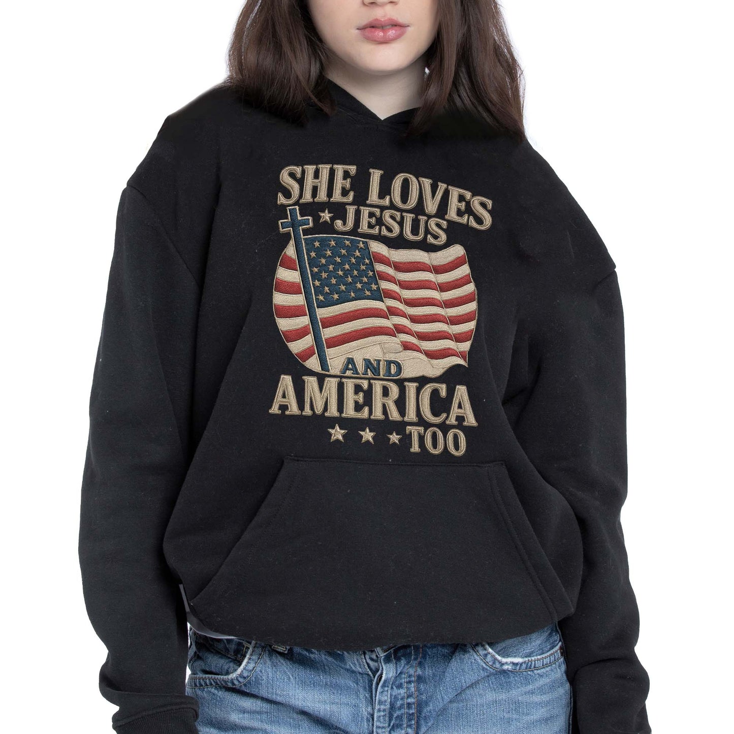 She Loves Jesus And America Too Cross and Flag Design