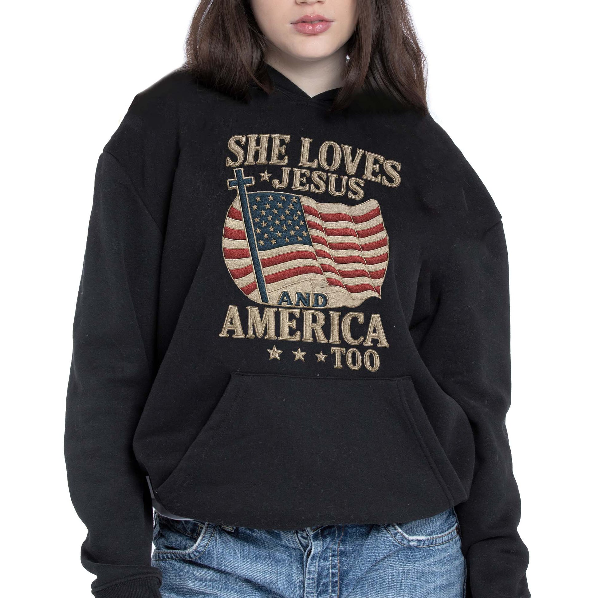 She Loves Jesus And America Too Cross and Flag Design