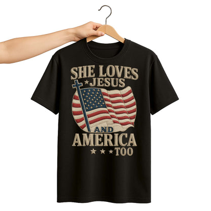 She Loves Jesus And America Too Cross and Flag Design