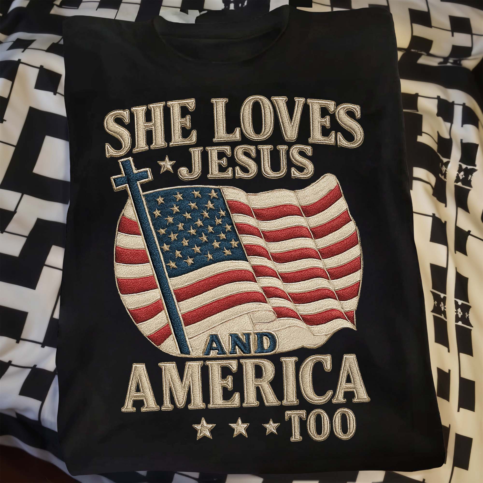 She Loves Jesus And America Shirt - Women's Patriotic 4th Of July T-Shirt, American Flag Graphic Tee, Blue, Small