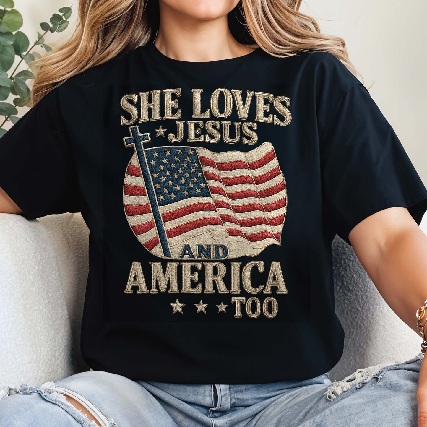 She Loves Jesus And America Too Cross and Flag Design