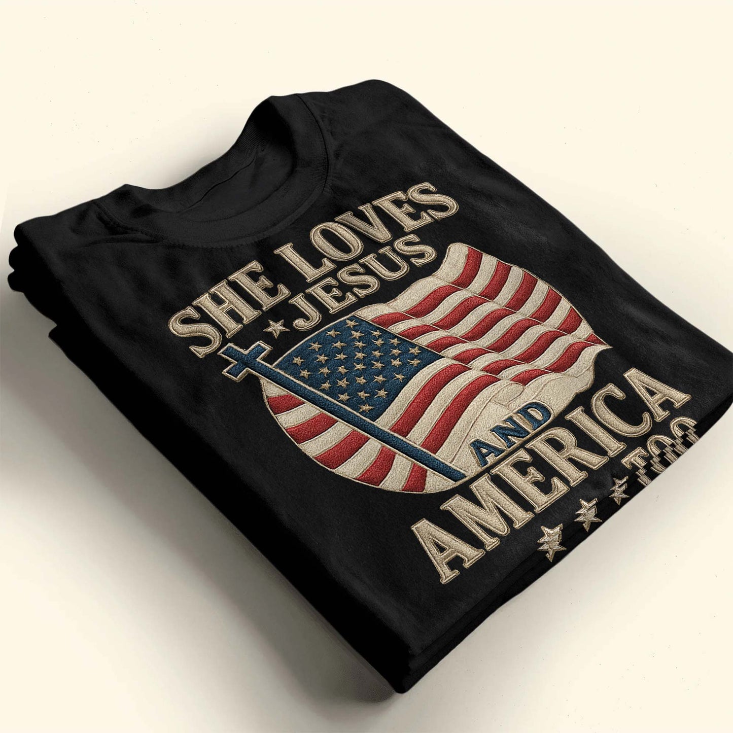 She Loves Jesus And America Too Cross and Flag Design