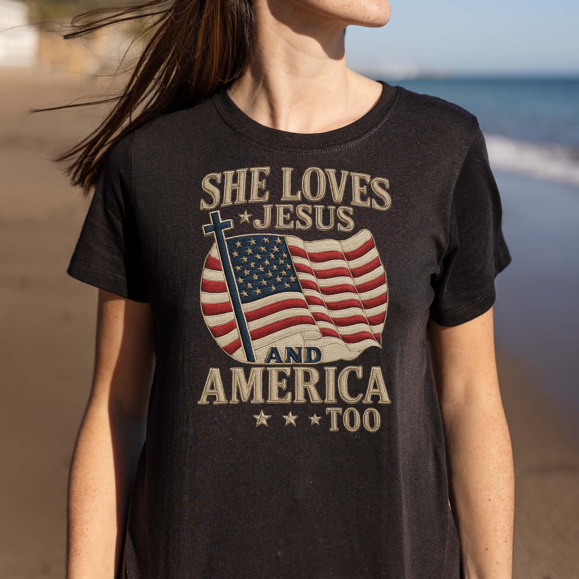 She Loves Jesus And America Too Cross and Flag Design